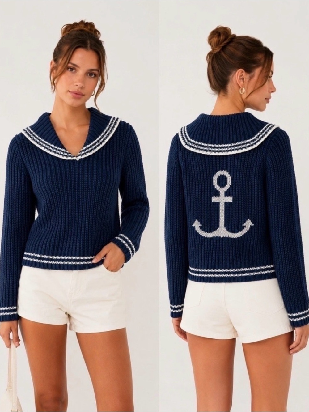 NWT ✧💙 Marled 💙✧  Navy Sailor Collar Knit Sweater - White Trim NWT M ⚓️💙💙💙